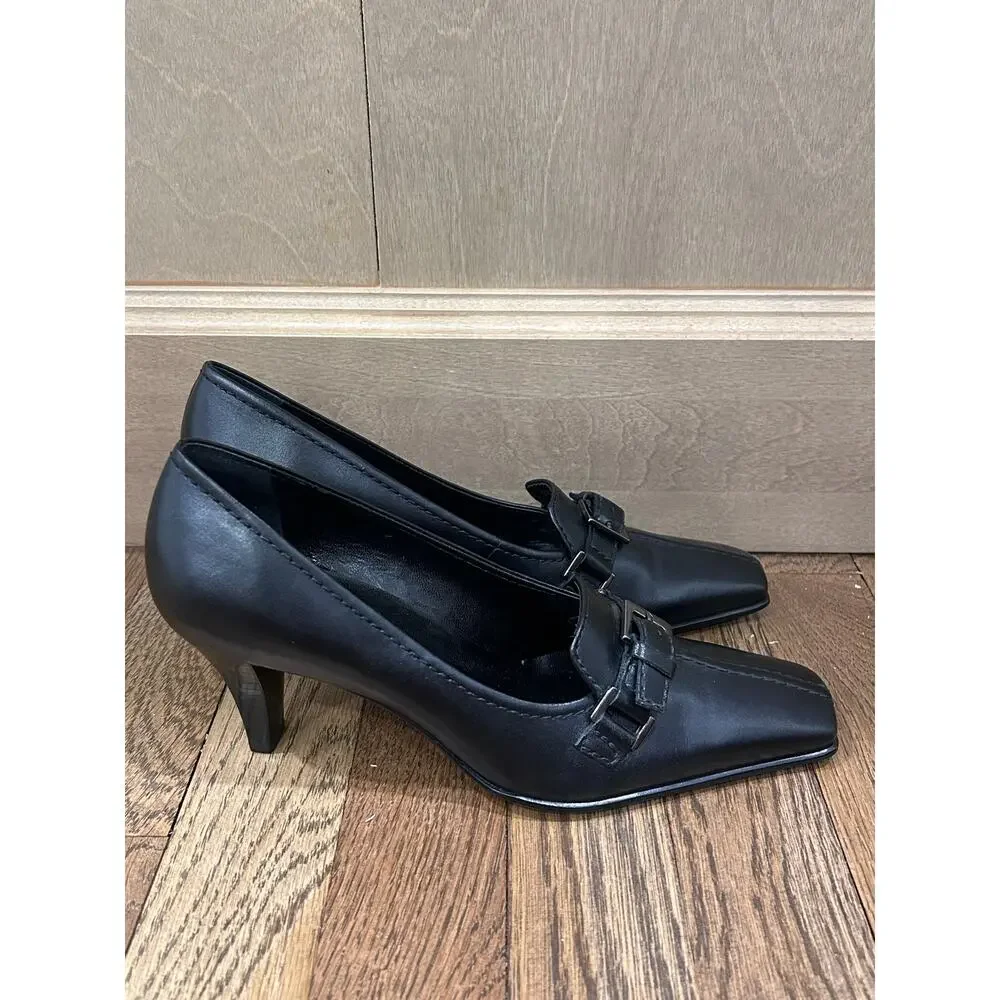 Franco Sarto Black Leather Heeled Loafers Pumps 6.5 Square Toe Preppy Y2K Office